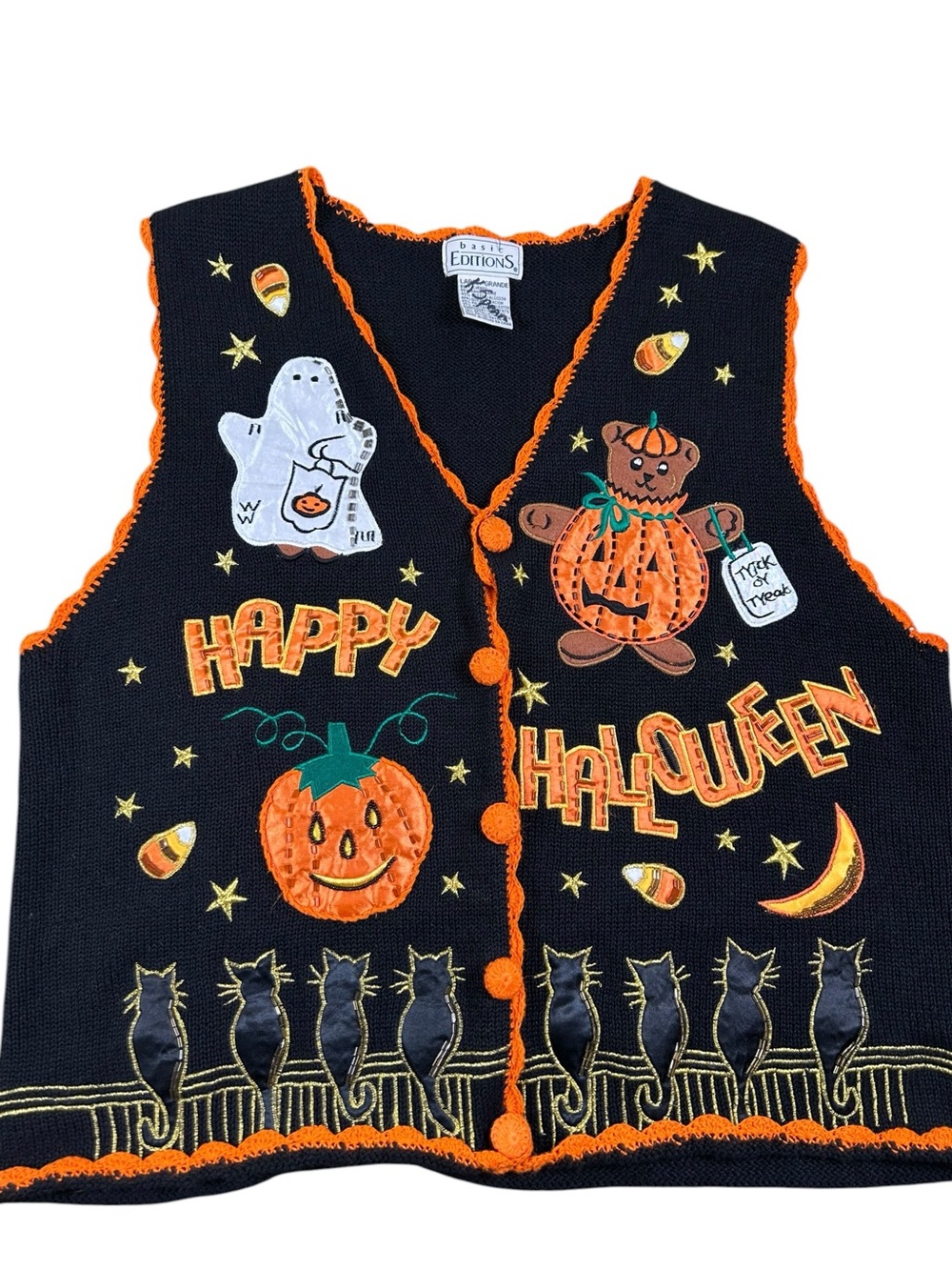 VTG 90s Halloween Sweater Vest Black Orange L Pumpkin Teddy Bear Embroidered
